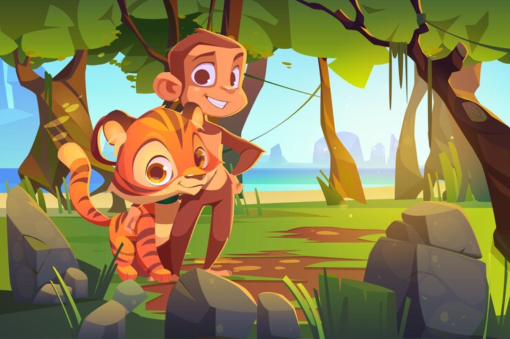 Vector gratuito lindo mono y tigre están juntos en la jungla