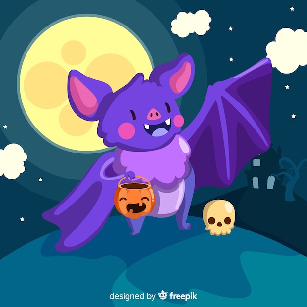 Vector gratuito lindo murciélago de halloween con una bolsa de calabaza