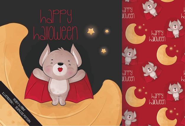 Vector gratuito lindo murciélago en la luna feliz halloween con patrones sin fisuras