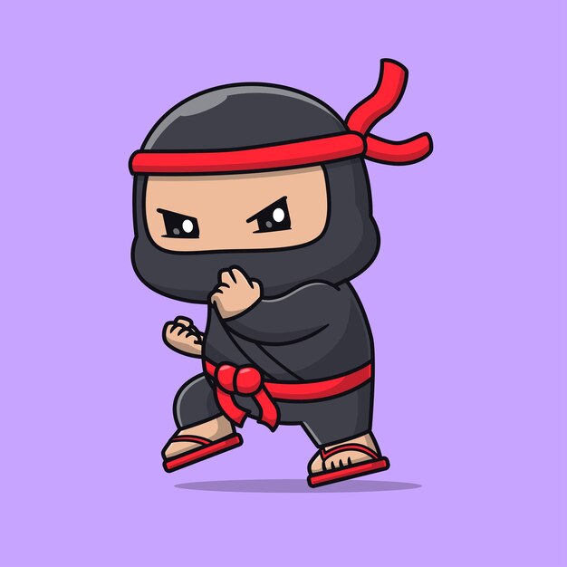 Lindo Ninja Ataque Pose Dibujos Animados Vector Icono Ilustración Personas Icono De Vacaciones Concepto Aislado Plano