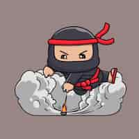 Vector gratuito lindo ninja desaparecer con bomba de humo dibujos animados vector icono ilustración personas vacaciones aislado plano