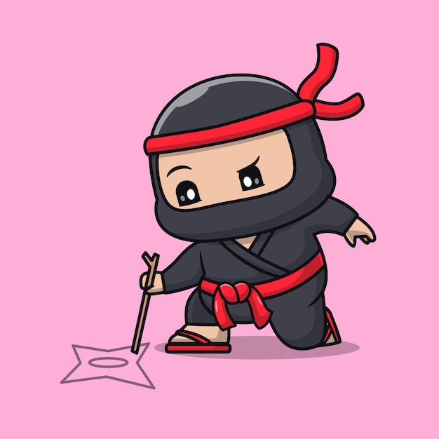 Lindo Ninja Dibujo Shuriken Con Palo Dibujos Animados Vector Icono Ilustración Personas Vacaciones Aisladas