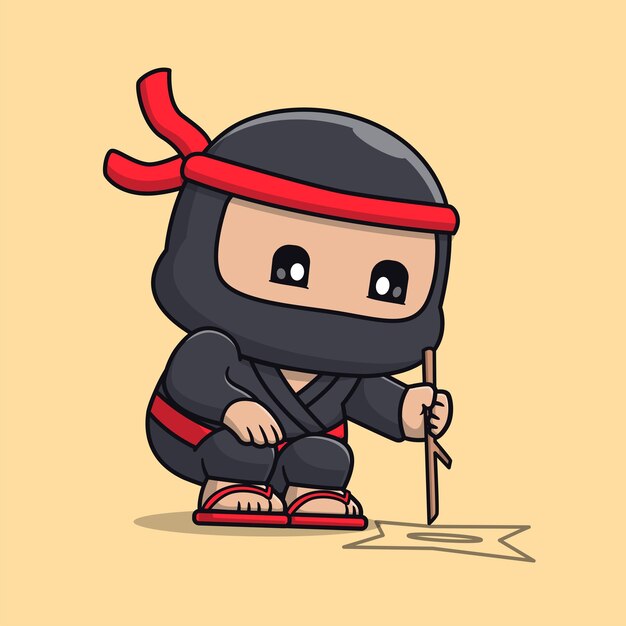 Lindo Ninja Dibujo Shuriken Con Palo Dibujos Animados Vector Icono Ilustración Personas Vacaciones Aislado Plano