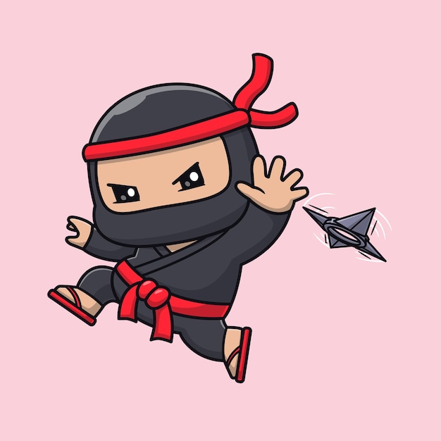 Lindo Ninja Lanzando Shuriken Dibujos Animados Vector Icono Ilustración Personas Icono De Vacaciones Concepto Aislado