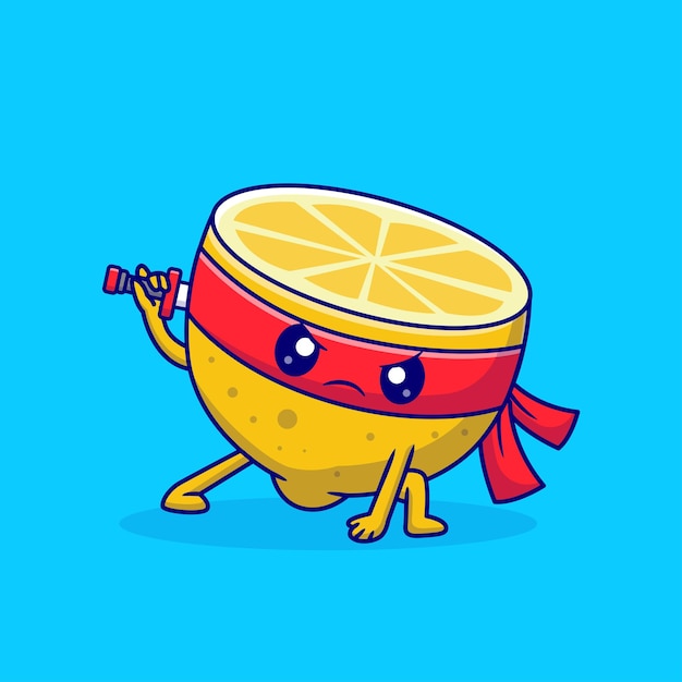 Vector gratuito el lindo ninja del limón que sostiene la espada icono vectorial ilustración de frutas icono de vacaciones concepto aislado plano