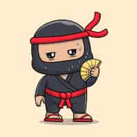 Vector gratuito lindo ninja sofocantemente caliente sosteniendo ventilador de mano dibujos animados vector icono ilustración personas vacaciones piso