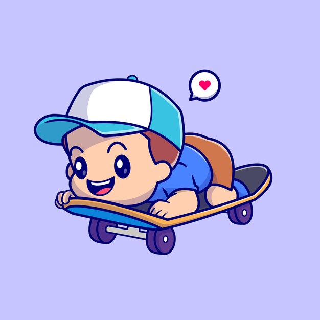 Lindo niño jugando patineta dibujos animados Vector icono ilustración. Concepto de icono de deporte de personas aislado