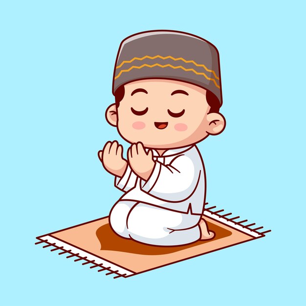 Lindo niño musulmán oración dibujos animados Vector icono ilustración personas religión icono concepto aislado plano