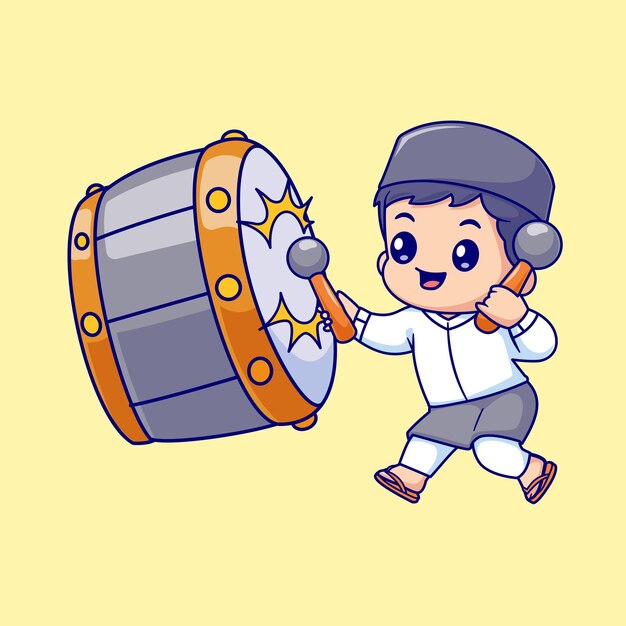 Lindo niño musulmán tocando tambor Bedug dibujos animados Vector icono ilustración personas religión aislado plano