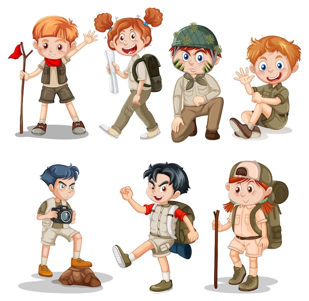 un, lindo, niño y niña, explorador, blanco, plano de fondo