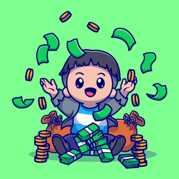 Vector gratuito lindo niño rico con ilustración de icono de vector de dibujos animados de dinero. concepto de icono de finanzas de personas aislado vector premium. estilo de dibujos animados plana