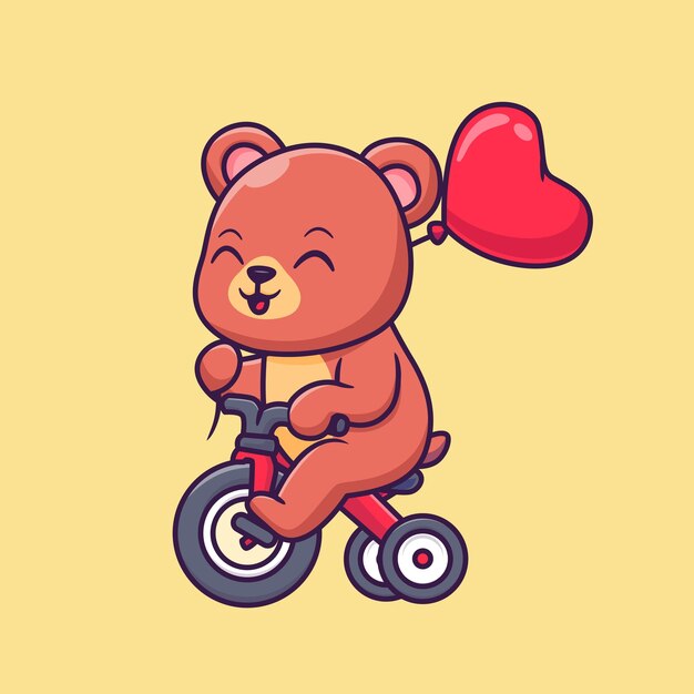 Lindo oso montando bicicleta con amor corazón globo dibujos animados Vector icono ilustración. Transporte de animales
