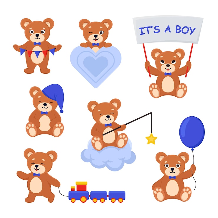 Vector gratuito lindo oso de peluche personaje de dibujos animados vector ilustraciones conjunto
