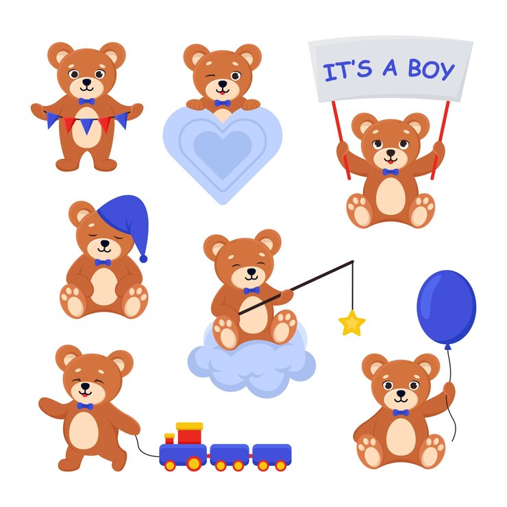 Vector gratuito lindo oso de peluche personaje de dibujos animados vector ilustraciones conjunto