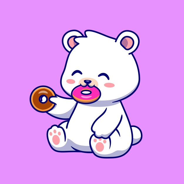 Lindo oso polar comiendo Donut Cartoon Vector icono ilustración. Concepto de icono de comida animal aislado Vector Premium. Estilo de dibujos animados plana