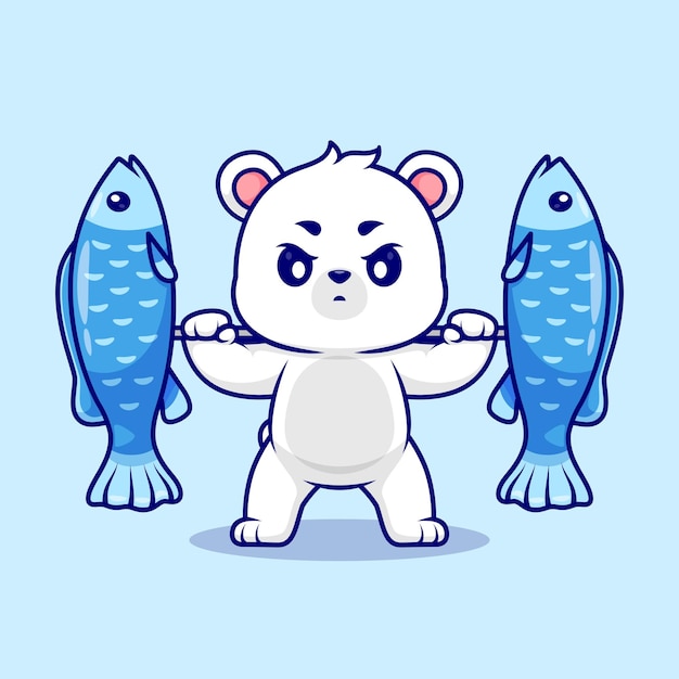 Vector gratuito lindo oso polar levantando peces barbell dibujos animados vector icono ilustración animal deporte icono aislado