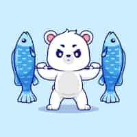 Vector gratuito lindo oso polar levantando peces barbell dibujos animados vector icono ilustración animal deporte icono aislado