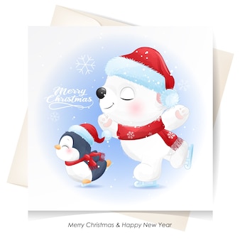 Lindo oso polar y pingüino para navidad con tarjeta de acuarela