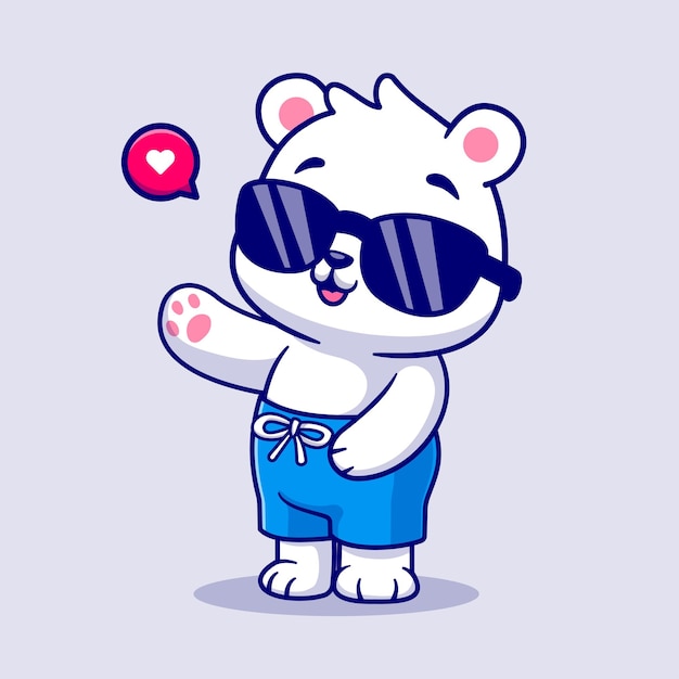 Lindo oso polar verano agitando la mano dibujos animados vector icono ilustración. icono de vacaciones de animales aislado