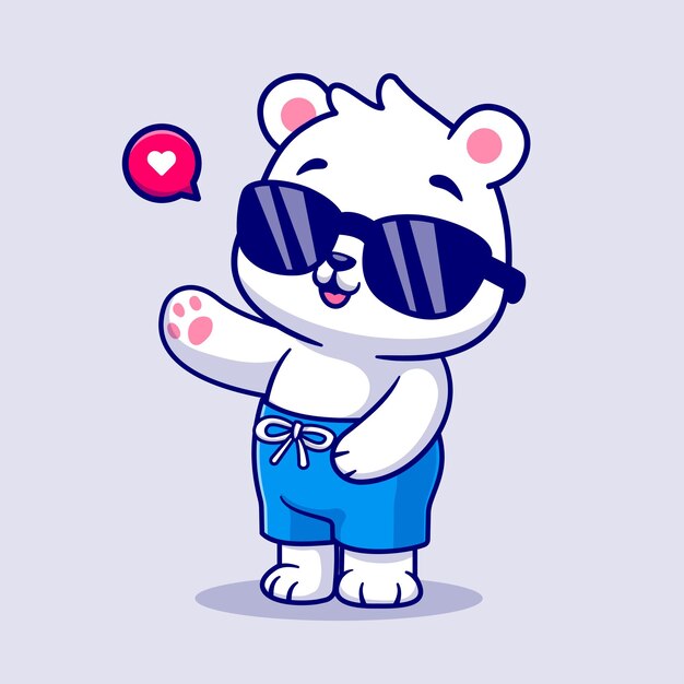 Lindo oso polar verano agitando la mano dibujos animados Vector icono ilustración. Icono de vacaciones de animales aislado