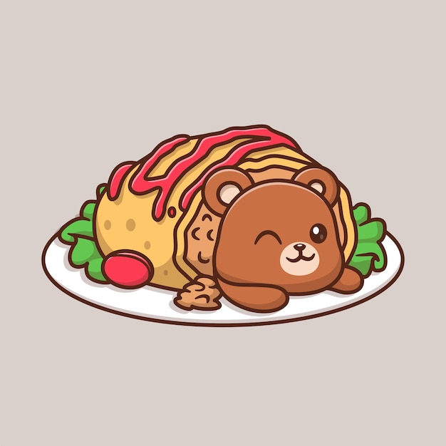 Vector gratuito lindo oso taco comida en plato dibujos animados vector icono ilustración comida animal icono concepto aislado