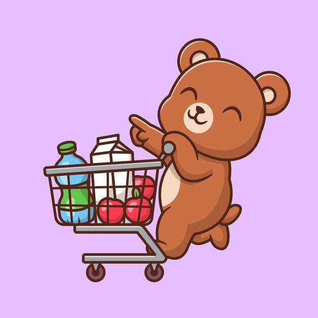 Lindo oso traer comestibles con carro dibujos animados Vector icono ilustración Animal comida icono aislado