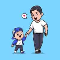 Vector gratuito lindo padre e hijo caminando juntos dibujos animados vector icono ilustración. personas vacaciones planas aisladas