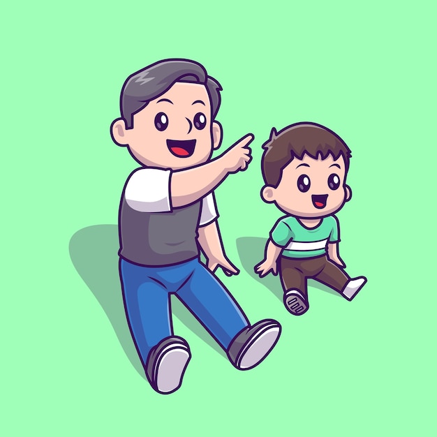 Lindo padre e hijo sentados juntos dibujos animados Vector icono ilustración. Icono de vacaciones de personas aislado