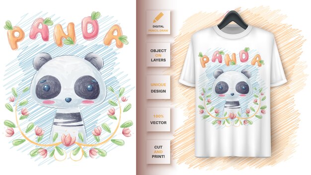 Lindo panda en cartel de hoja y merchandising