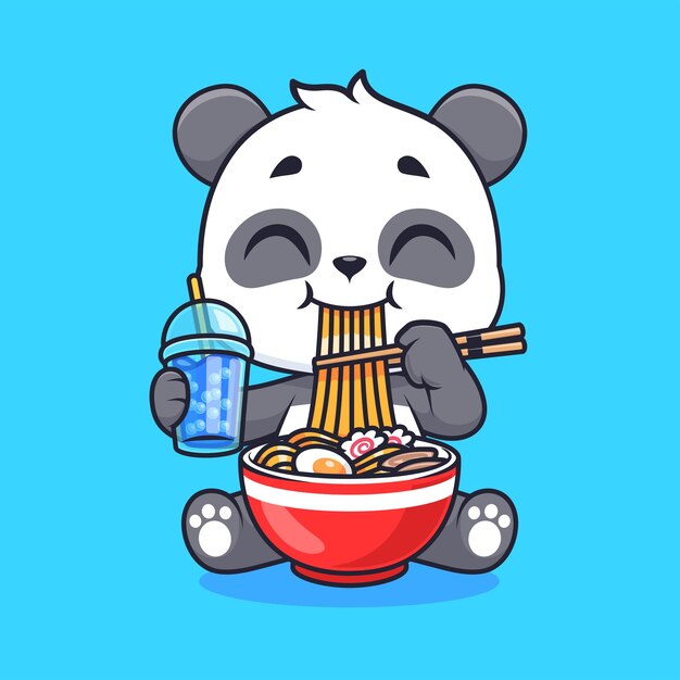 Lindo Panda Comiendo Fideos Ramen Y Bebiendo Boba Leche Té Dibujos Animados Vector Icono Ilustración Comida Animal