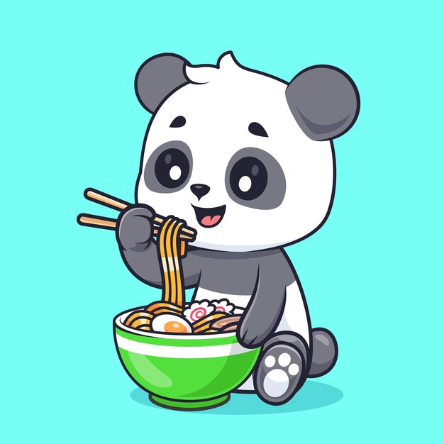 El lindo panda comiendo fideos Ramen con palillos de caricatura Ícono vectorial Ilustración de alimentos para animales aislados