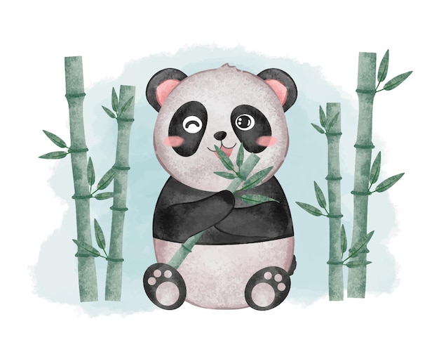 Vector gratuito lindo panda comiendo hojas de bambú en pintura de acuarela