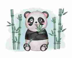 Vector gratuito lindo panda comiendo hojas de bambú en pintura de acuarela