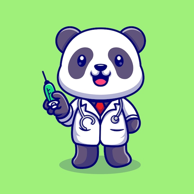 Vector gratuito lindo panda doctor con ilustración de icono de vector de dibujos animados de jeringa. concepto de icono de salud animal aislado vector premium. estilo de dibujos animados plana