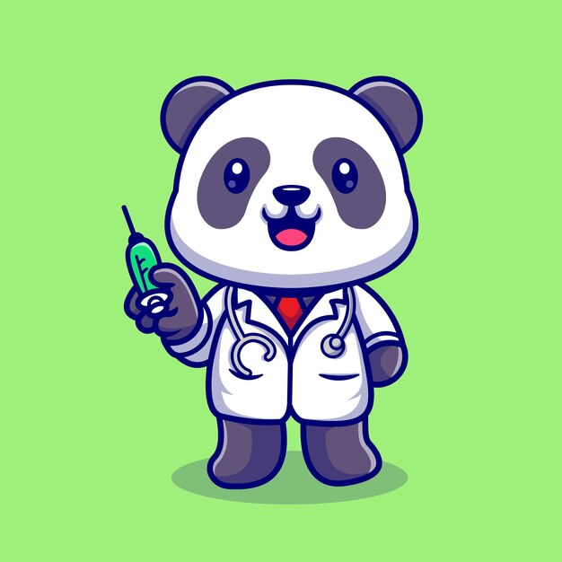 Lindo Panda Doctor Con Ilustración De Icono De Vector De Dibujos Animados De Jeringa. Concepto de icono de salud animal aislado Vector Premium. Estilo de dibujos animados plana