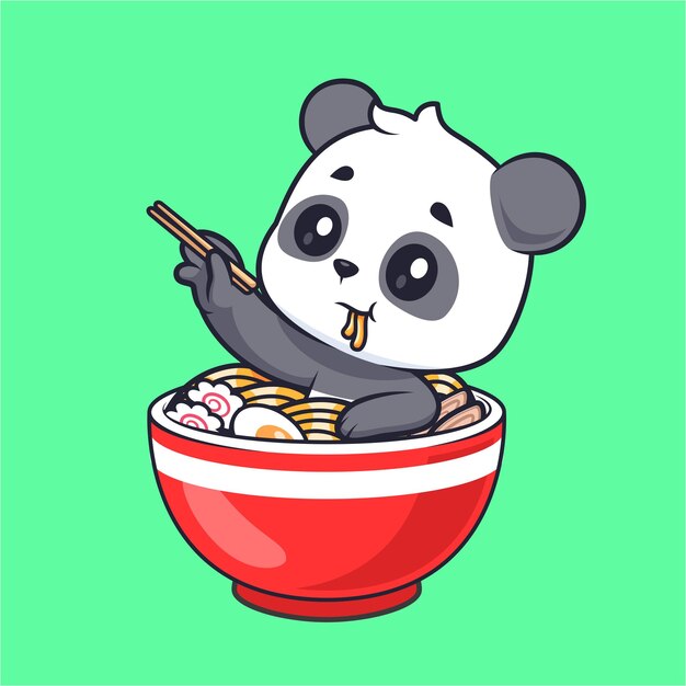Lindo panda en fideos de ramen con palillos de caricatura icono vectorial Ilustración de alimentos para animales aislados planos
