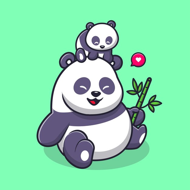 Lindo Panda Jugando Con Bebé Panda Y Sosteniendo Bambú Dibujos Animados Vector Icono Ilustración Animal Plano