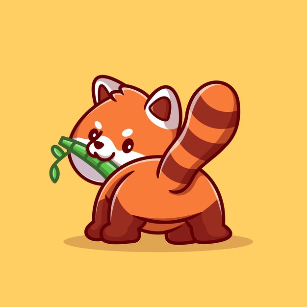 Lindo panda rojo comiendo bambú dibujos animados Vector icono ilustración. Concepto de icono de naturaleza animal aislado Vector Premium. Estilo de dibujos animados plana