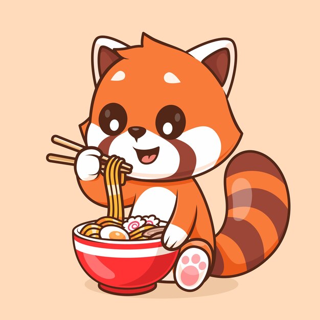 El lindo panda rojo comiendo fideos de ramen con palillos de caricatura Ícono vectorial Ilustración de comida animal plana