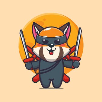 Lindo panda rojo ninja ilustración animal de dibujos animados lindo