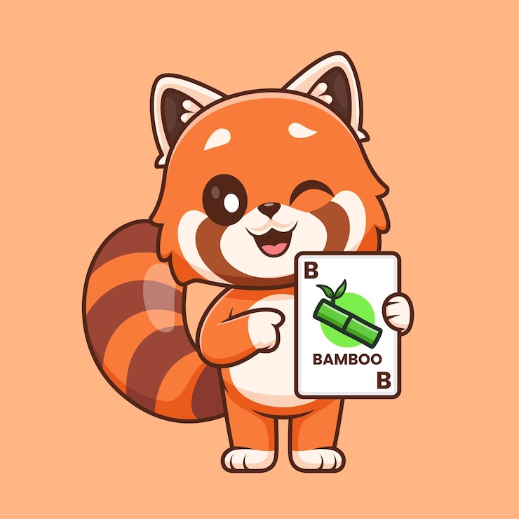 Vector gratuito el lindo panda rojo sosteniendo cartas de bambú juego de dibujos animados icono vectorial ilustración animal vacaciones aisladas