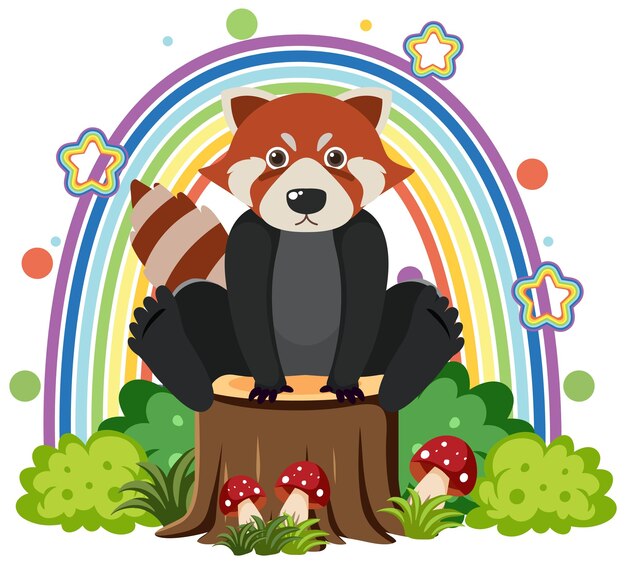 Lindo panda rojo en tocón en estilo de dibujos animados plana