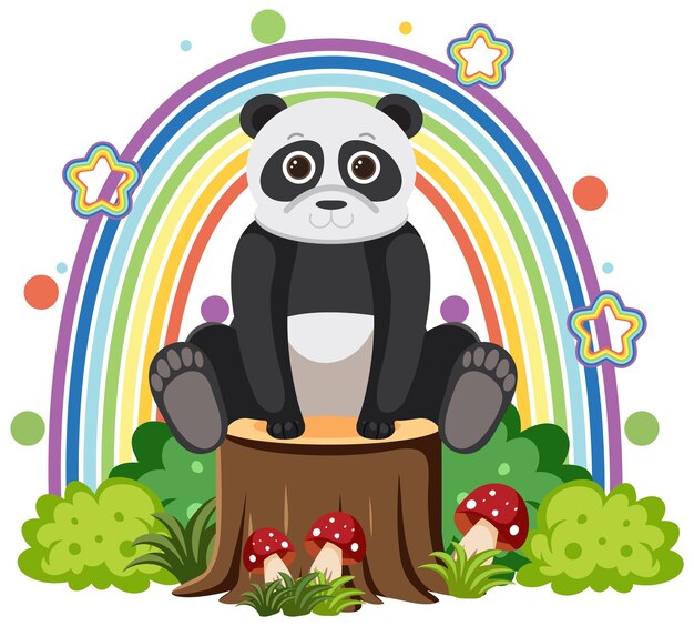 Lindo panda en tocón en estilo de dibujos animados plana