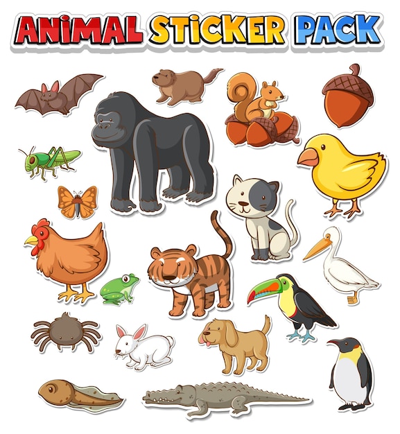 Lindo paquete de pegatinas de animales salvajes aislado