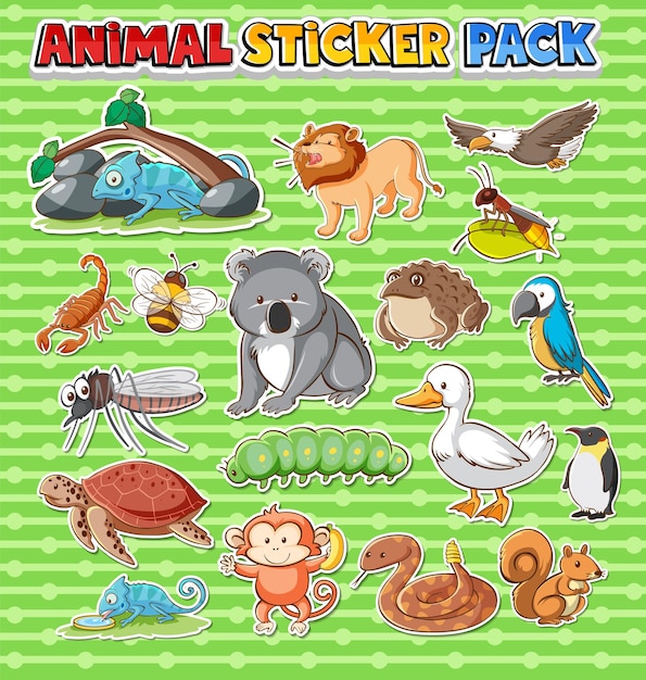 Vector gratuito lindo paquete de pegatinas de animales salvajes aislado