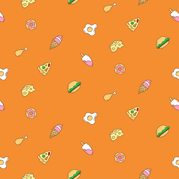 Lindo patrón sin costuras de comida sobre fondo naranja