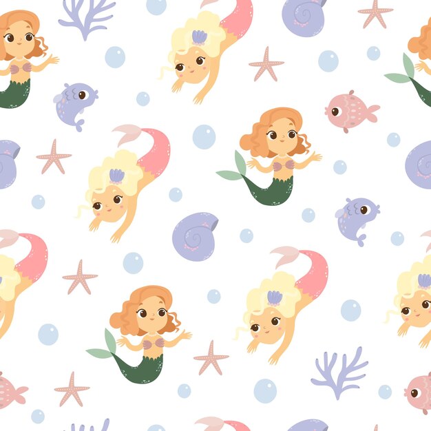 lindo patrón sin costuras con sirenas y animales marinos