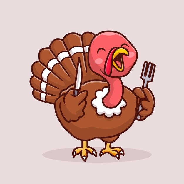 Lindo pavo pavo pollo sosteniendo tenedor y cuchillo dibujos animados icono vectorial ilustración comida animal plana