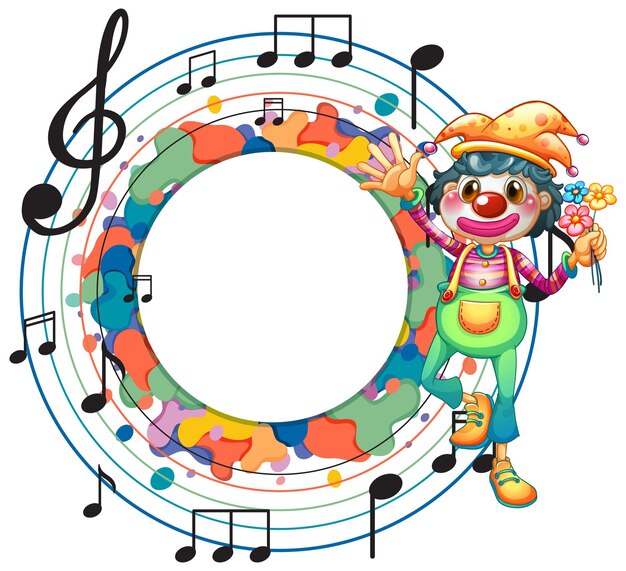 Lindo payaso con plantilla de nota musical en blanco