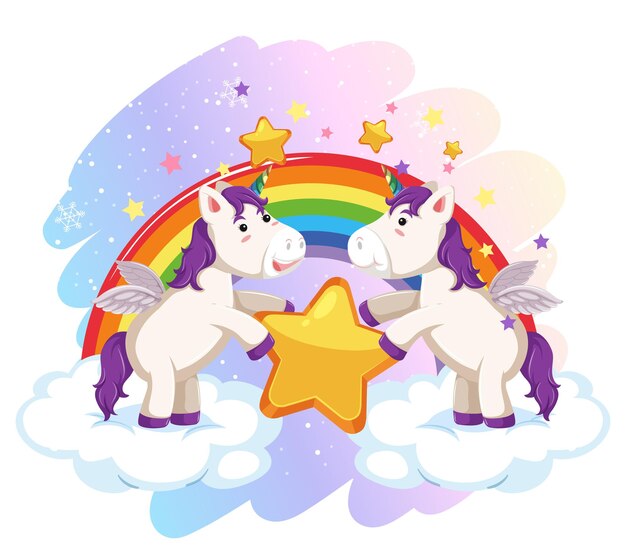 Lindo pegaso en el cielo pastel con arco iris
